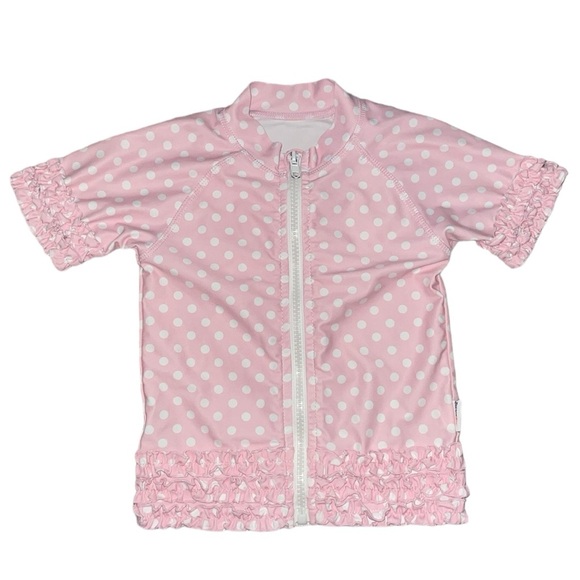 SwimZip Sassy Surfer UV Sun Protective Rash Guard Ruffle Pink Polka Dot - Picture 2 of 7